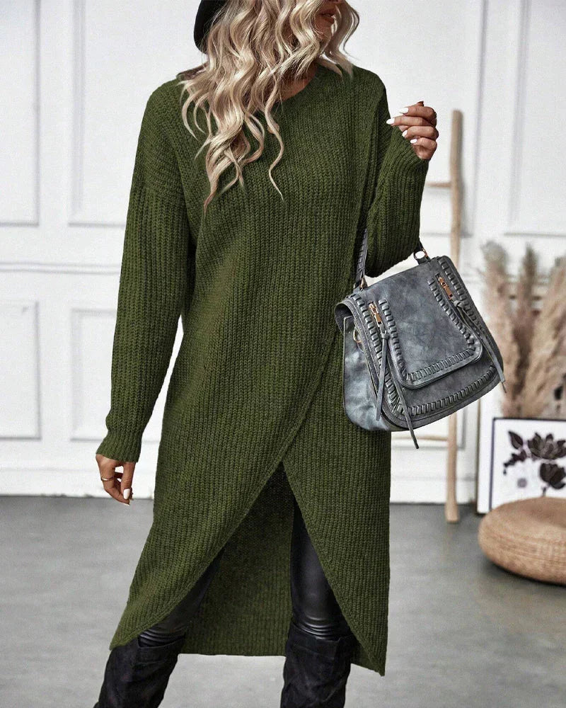 Women's Cozy Ribbed Knit Sweater Dress with Crew Neck and Wrap Hem
