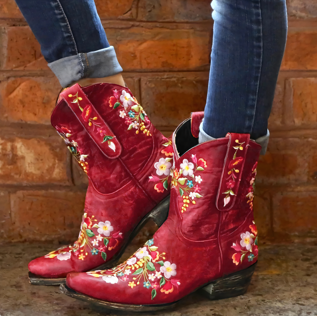Women's Stylish Embroidered Leather Cowgirl Boots with Pointed Toe