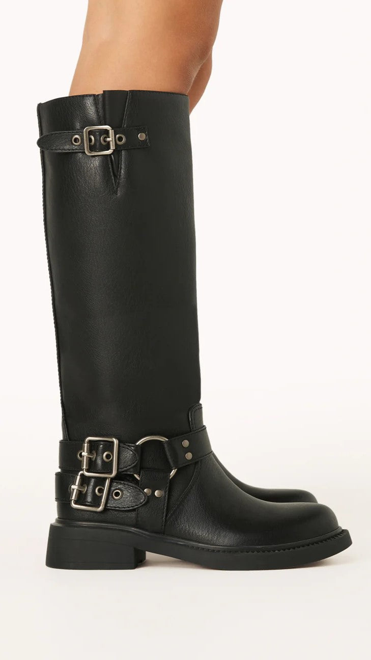 Women's Stylish Black Leather Knee High Moto Boots with Buckle Harness