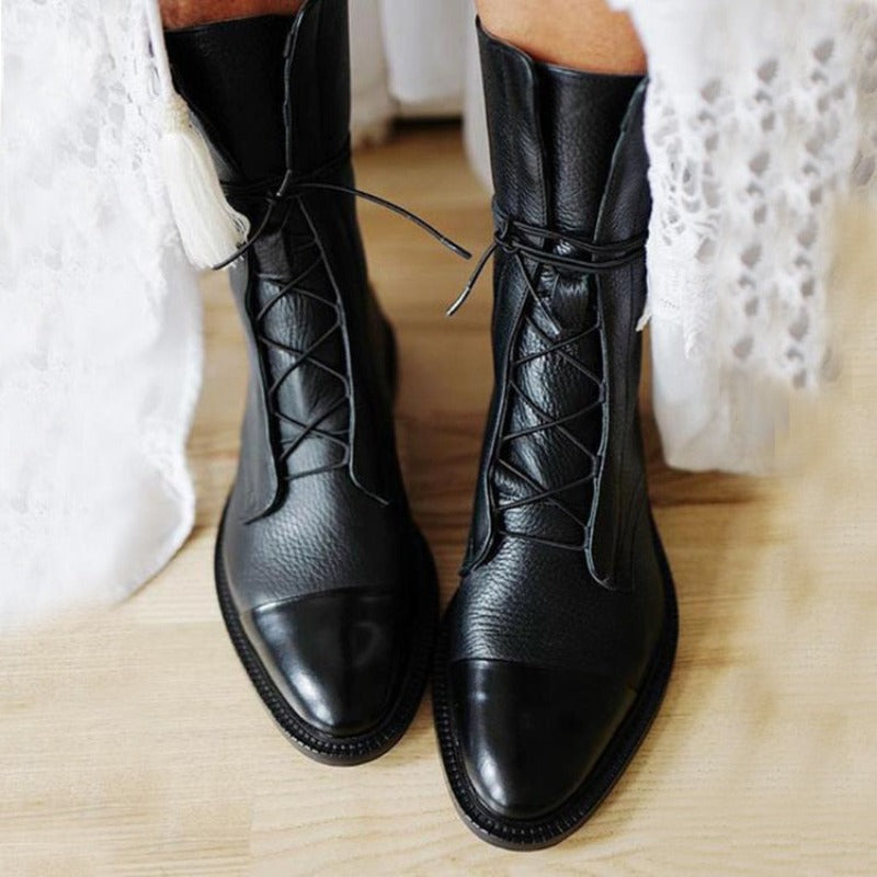 Women's Elegant Black Leather Cap Toe Lace-Up Block Heel Boots