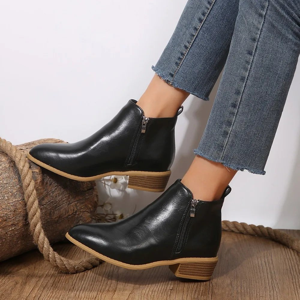 Women's Sleek Leather Side Zip Pointed Toe Block Heel Ankle Boots