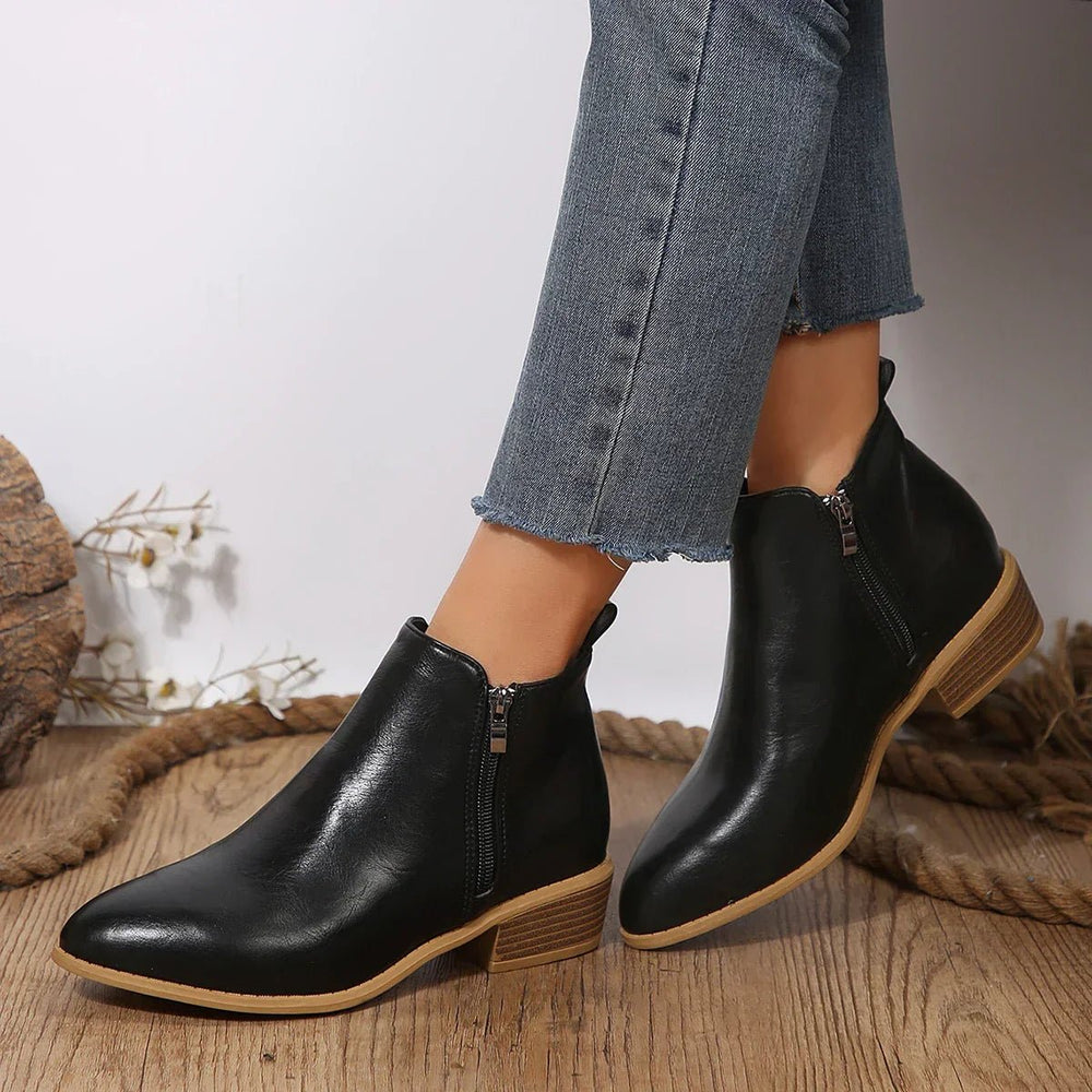 Women's Sleek Leather Side Zip Pointed Toe Block Heel Ankle Boots