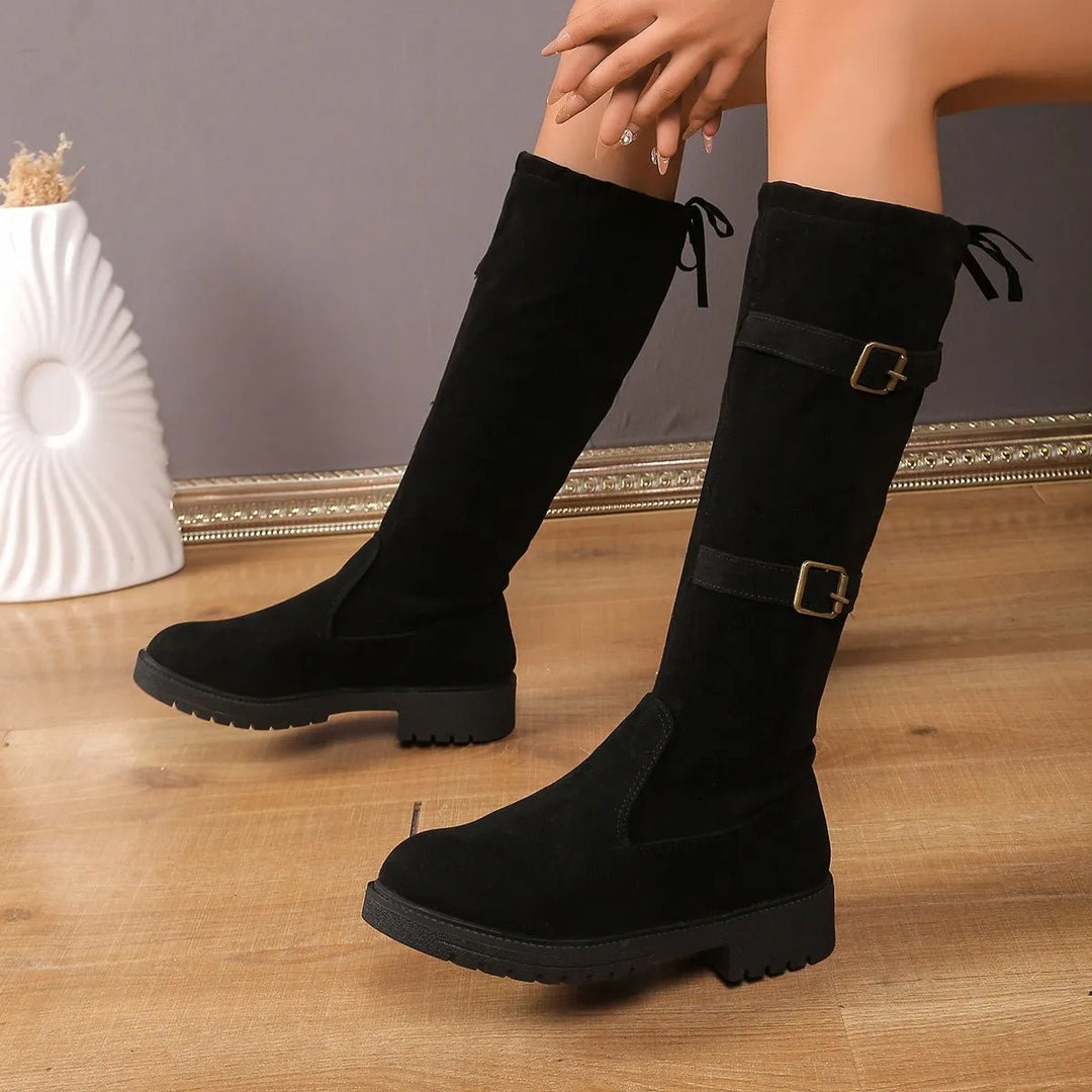 Women's Stylish Suede Knee High Riding Boots with Buckle Strap