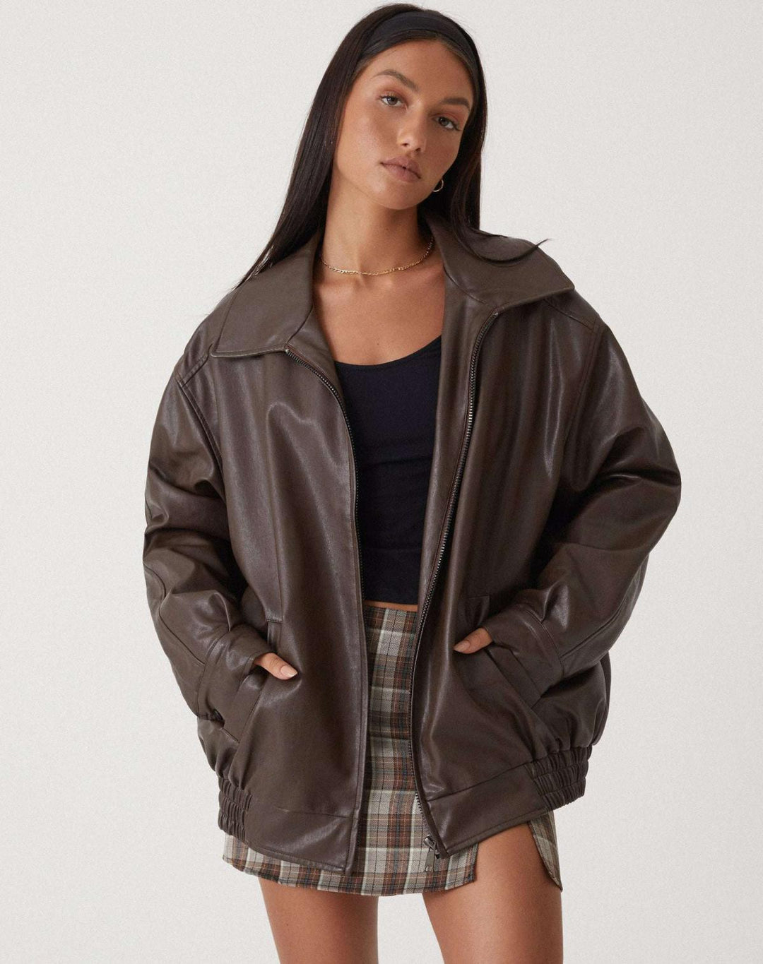 Women's Casual Oversized Faux Leather Zip Front Jacket with Spread
