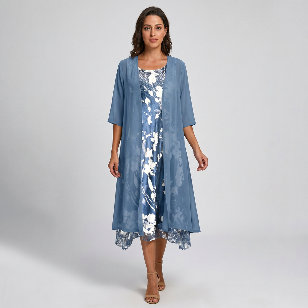 Women's Elegant Floral Print Midi Dress with Layered Cardigan