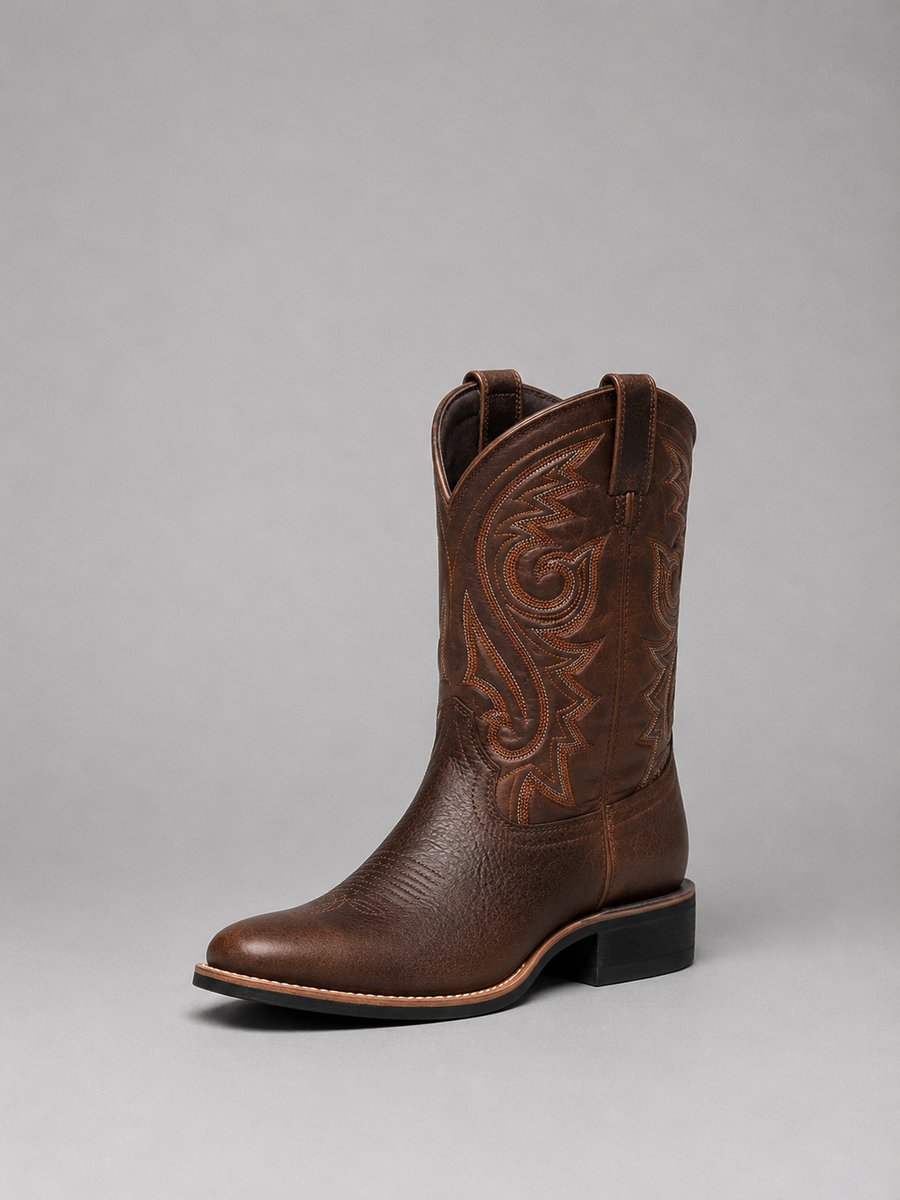 Women's Stylish Brown Leather Embroidered Cowgirl Boots with Block