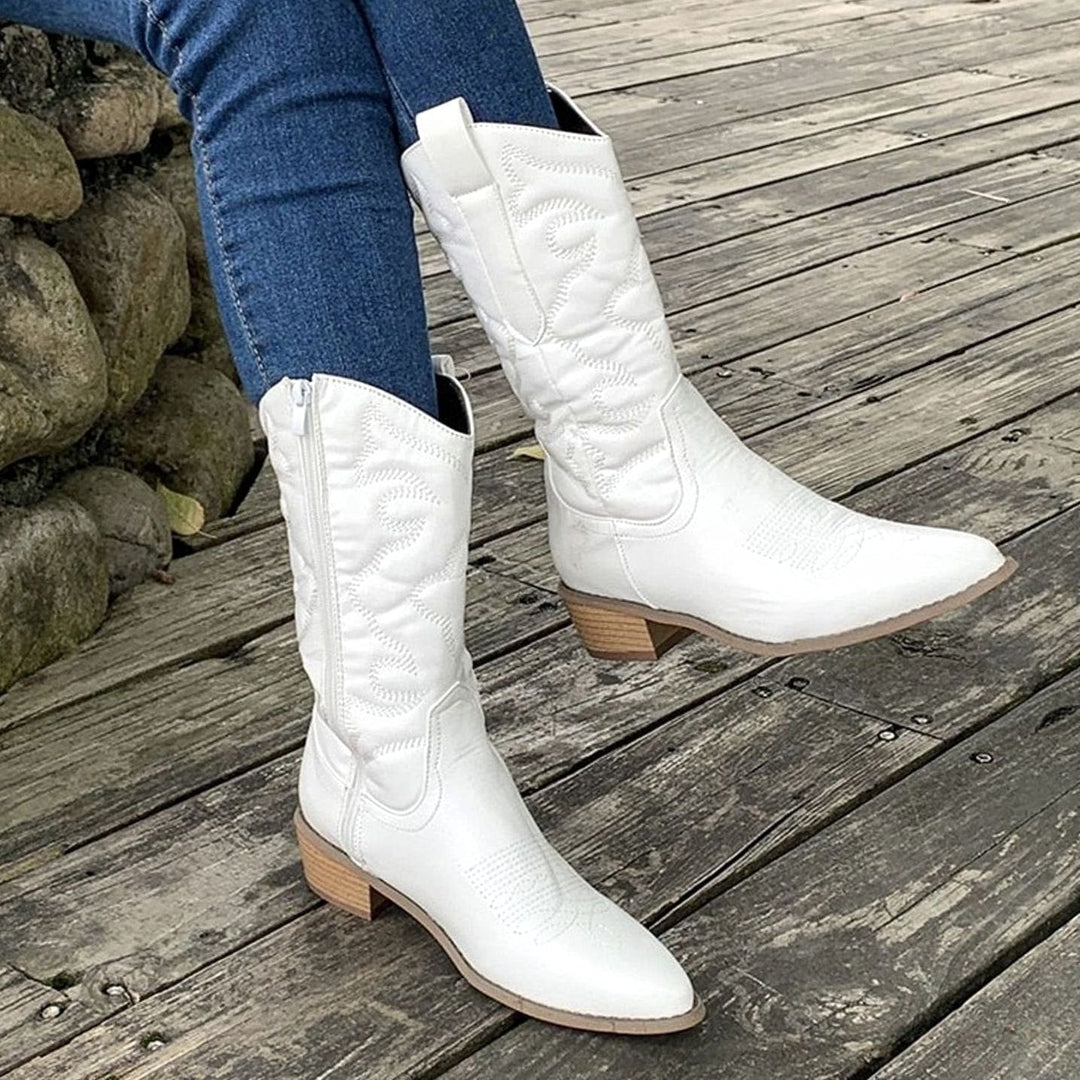 Women's Stylish White Embroidered Leather Mid Calf Cowboy Boots