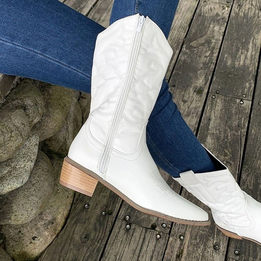 Women's Stylish White Embroidered Leather Mid Calf Cowboy Boots