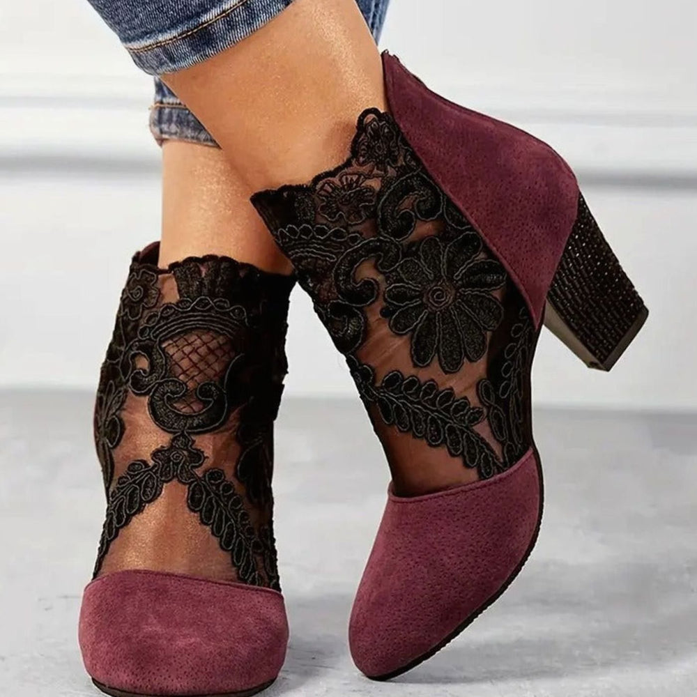 Women's Elegant Floral Lace Round Toe Block Heel Ankle Boots