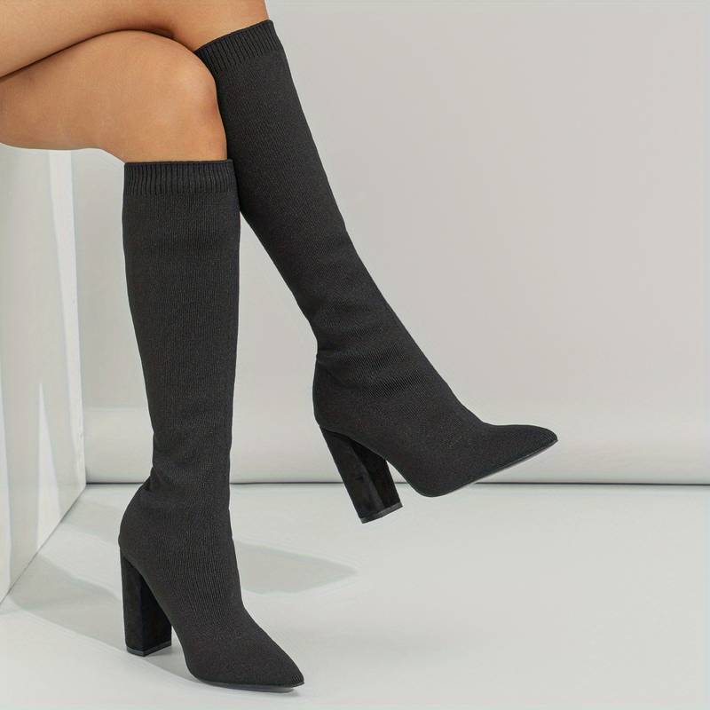 Women's Sleek Knit Ribbed Shaft Knee High Boots with Pointed Toe
