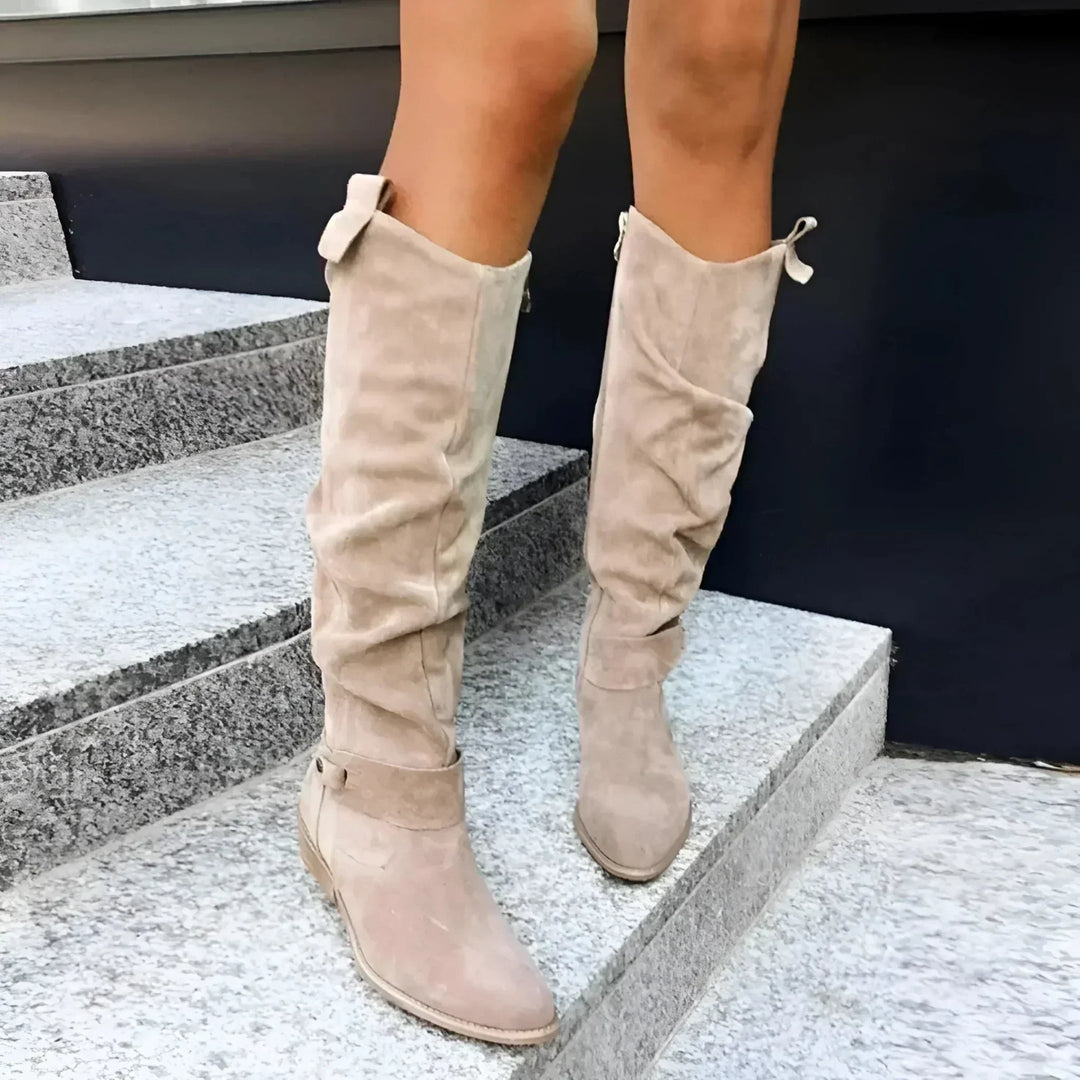 Women's Chic Suede Knee High Pointed Toe Block Heel Boots