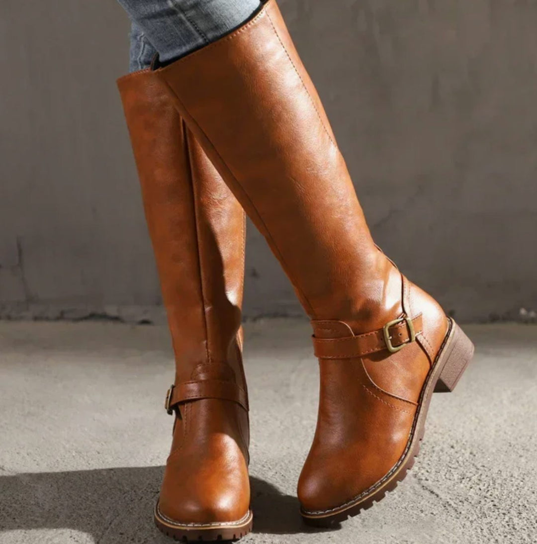 Women's Elegant Leather Knee High Buckle Strap Riding Boots