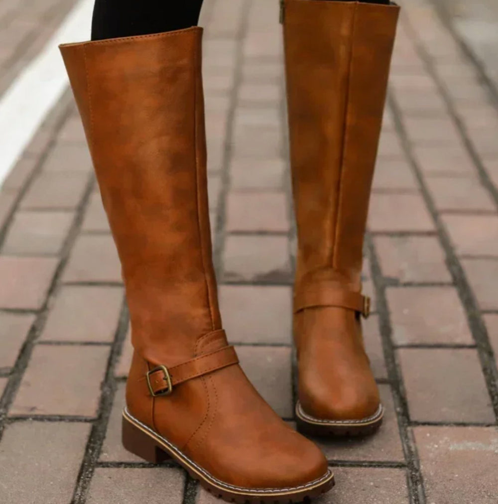 Women's Elegant Leather Knee High Buckle Strap Riding Boots