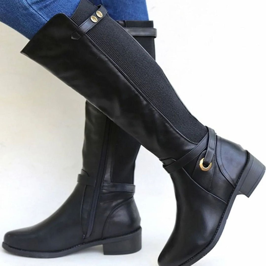 Women's Comfortable Wide Calf Leather Knee High Boots with Block Heel