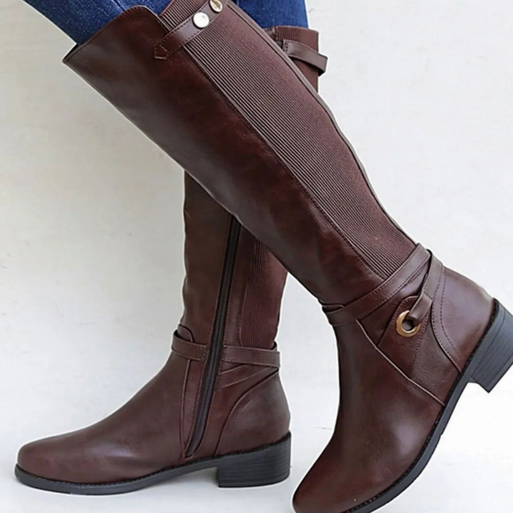 Women's Comfortable Wide Calf Leather Knee High Boots with Block Heel
