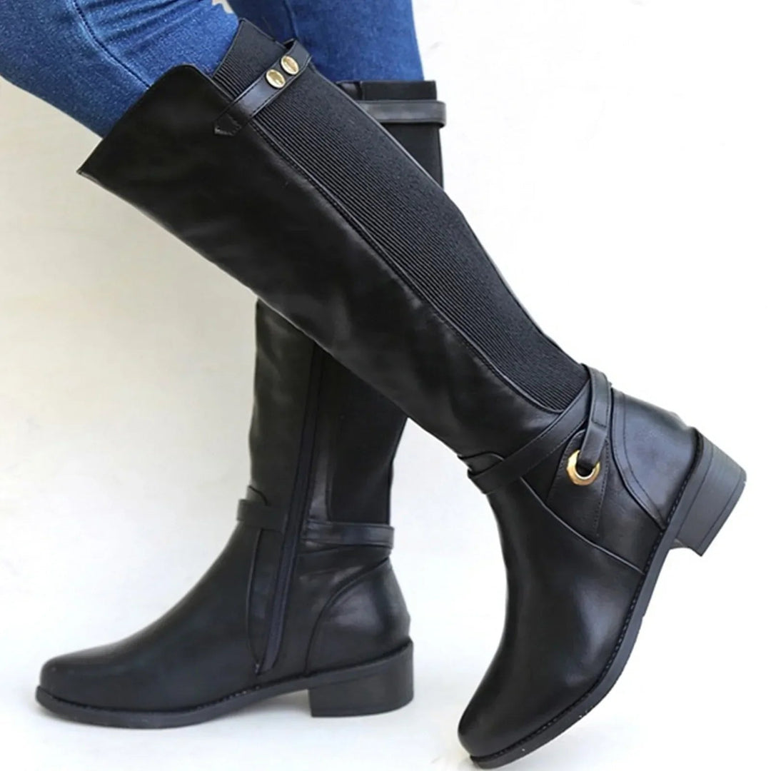 Women's Elegant Leather Knee High Boots with Ruched Ankle Strap