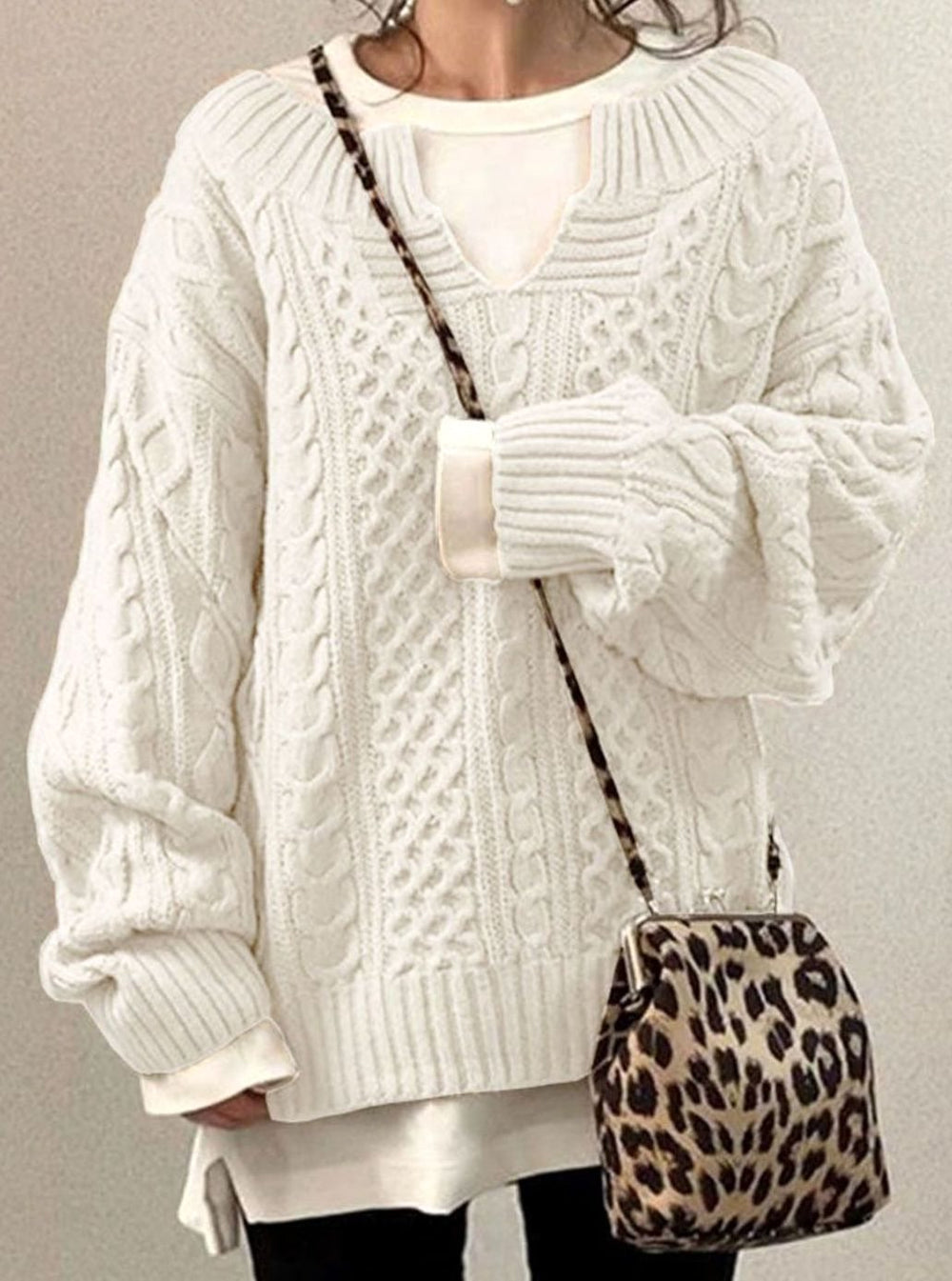Women's Casual Cable Knit V-Neck Oversized Sweater