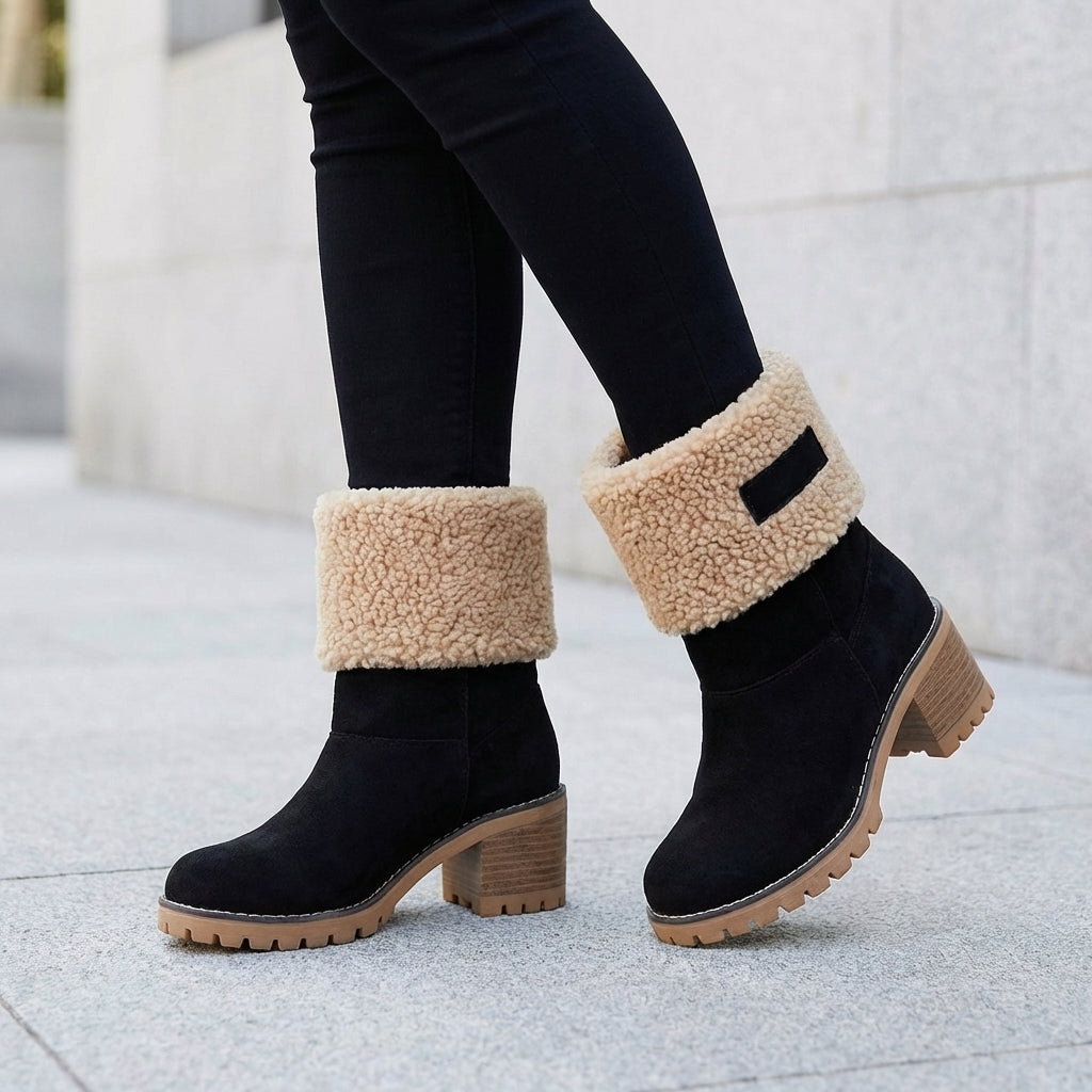 Women's Warm Faux Fur Cuff Block Heel Snow Boots
