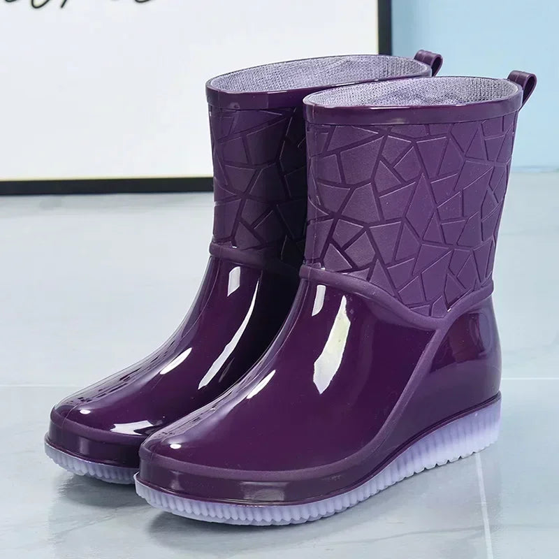 Women's Stylish Textured Waterproof Mid Calf Rain Boots