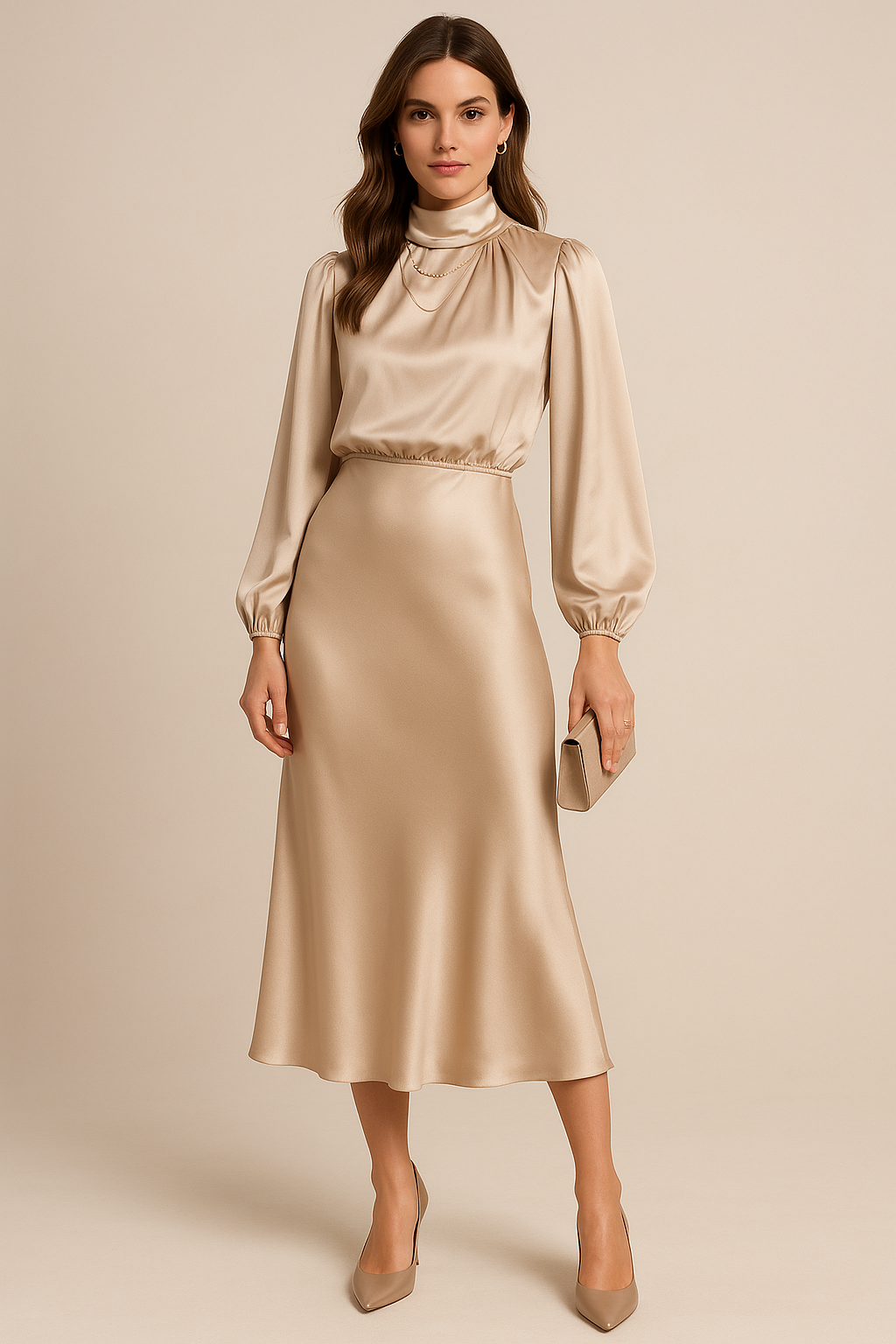 Women's Elegant Satin High Neck Long Sleeve Blouson Sweater Dress