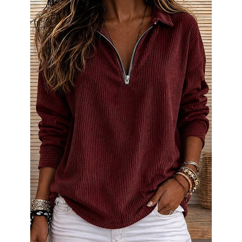 Women's Casual Ribbed Quarter-Zip Pullover Top
