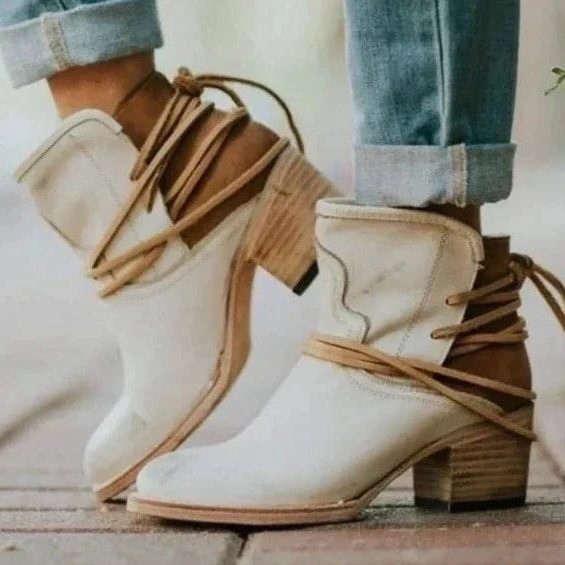 Women's Stylish Leather Lace-Up Block Heel Ankle Boots