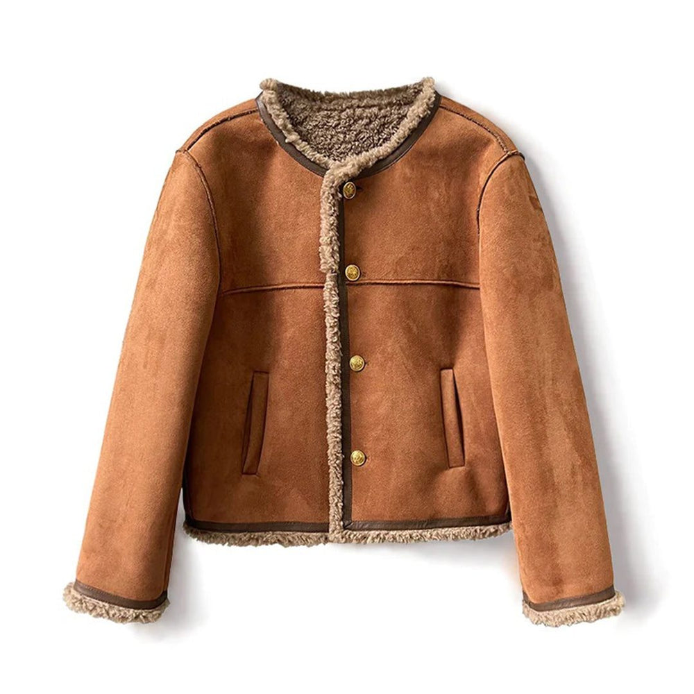 Women's Stylish Suede Shearling Jacket with Fleece Lining Sepia