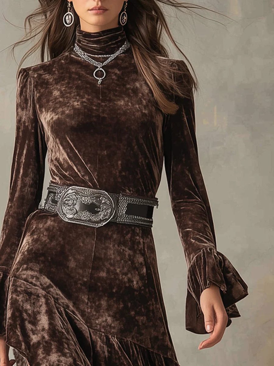 Women's Elegant Velvet High Neck Midi Dress with Flared Sleeves