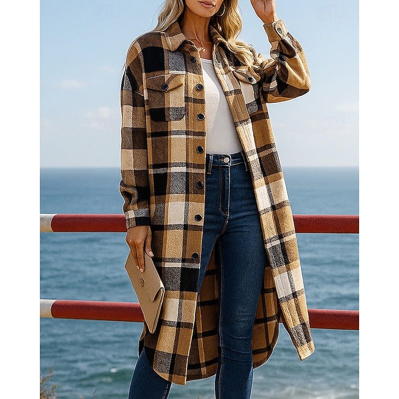 Women's Classic Plaid Longline Wool Blend Jacket