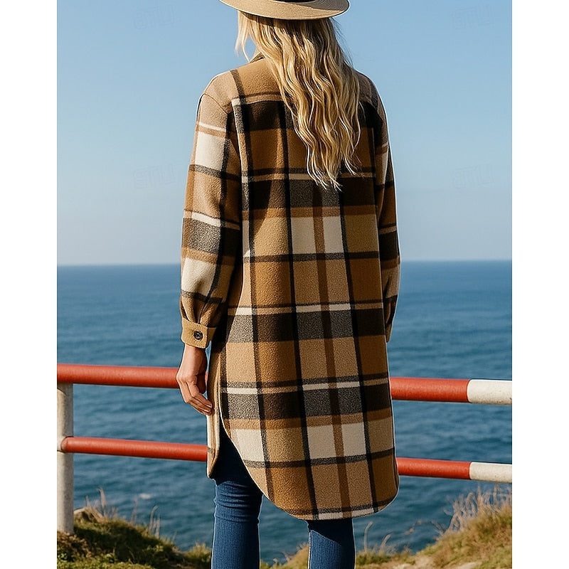 Women's Classic Plaid Longline Wool Blend Jacket